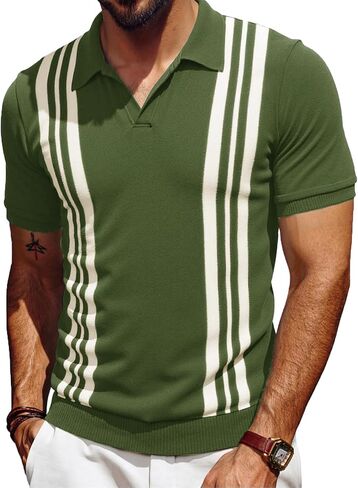 Les umes Mens Polo Shirts Vintage Stripe V-Neck Short Sleeve Knit Cotton Summer Golf Casual Shirts in Saudi Arabia