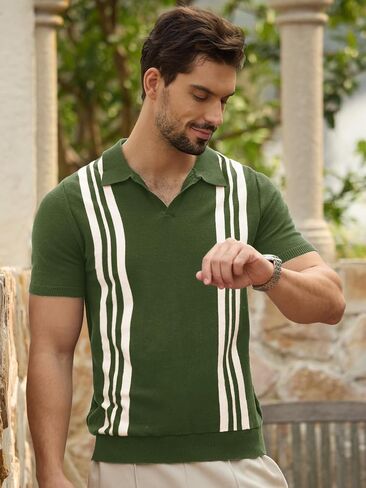 Les umes Mens Polo Shirts Vintage Stripe V-Neck Short Sleeve Knit Cotton Summer Golf Casual Shirts in Saudi Arabia