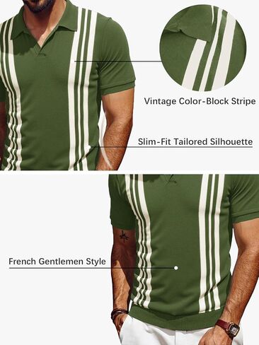 Les umes Mens Polo Shirts Vintage Stripe V-Neck Short Sleeve Knit Cotton Summer Golf Casual Shirts in Saudi Arabia