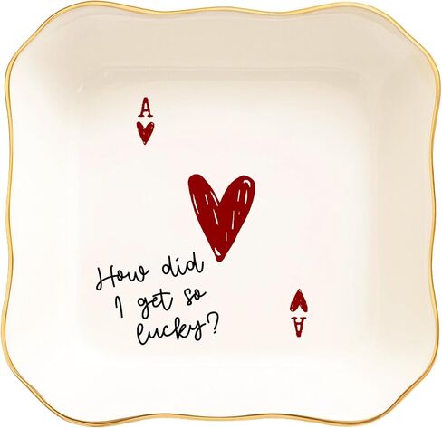 Funny Love Jewelry Dish with Heart Playing Card – “How Did I Get So Lucky?" Romantic Trinket Dish for Couples – Cute Anniversary, Valentine’s Day, Wedding Gift for Wife, Husband, Girlfriend, Boyfriend in Saudi Arabia