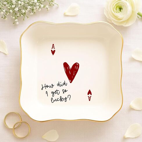 Funny Love Jewelry Dish with Heart Playing Card – “How Did I Get So Lucky?" Romantic Trinket Dish for Couples – Cute Anniversary, Valentine’s Day, Wedding Gift for Wife, Husband, Girlfriend, Boyfriend in Saudi Arabia