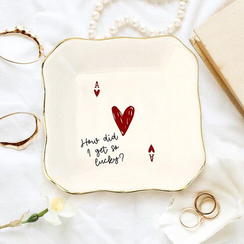 Funny Love Jewelry Dish with Heart Playing Card – “How Did I Get So Lucky?" Romantic Trinket Dish for Couples – Cute Anniversary, Valentine’s Day, Wedding Gift for Wife, Husband, Girlfriend, Boyfriend in Saudi Arabia