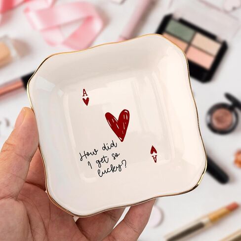 Funny Love Jewelry Dish with Heart Playing Card – “How Did I Get So Lucky?" Romantic Trinket Dish for Couples – Cute Anniversary, Valentine’s Day, Wedding Gift for Wife, Husband, Girlfriend, Boyfriend in Saudi Arabia