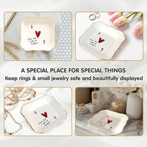 Funny Love Jewelry Dish with Heart Playing Card – “How Did I Get So Lucky?" Romantic Trinket Dish for Couples – Cute Anniversary, Valentine’s Day, Wedding Gift for Wife, Husband, Girlfriend, Boyfriend in Saudi Arabia