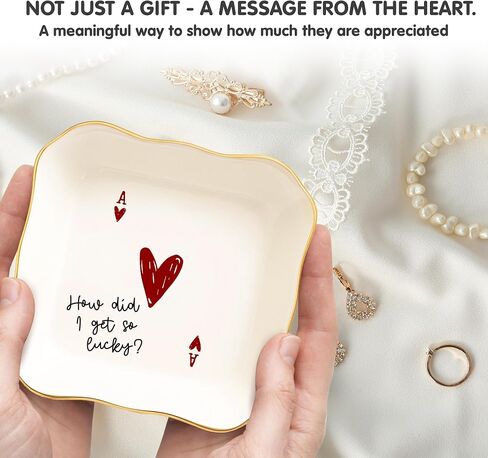 Funny Love Jewelry Dish with Heart Playing Card – “How Did I Get So Lucky?" Romantic Trinket Dish for Couples – Cute Anniversary, Valentine’s Day, Wedding Gift for Wife, Husband, Girlfriend, Boyfriend in Saudi Arabia