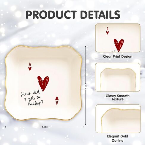 Funny Love Jewelry Dish with Heart Playing Card – “How Did I Get So Lucky?" Romantic Trinket Dish for Couples – Cute Anniversary, Valentine’s Day, Wedding Gift for Wife, Husband, Girlfriend, Boyfriend in Saudi Arabia