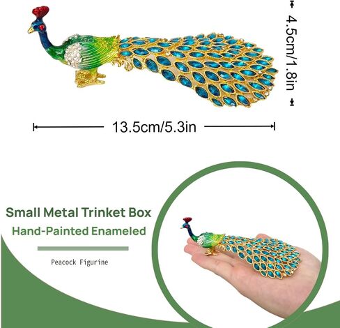 Mini Peacock Trinket Box, Vintage Metal Enameled Peacock Figurine with Crystal Rhinestones, Decorative Hand-Painted Collectible Statue Gift for Girls Women in Saudi Arabia