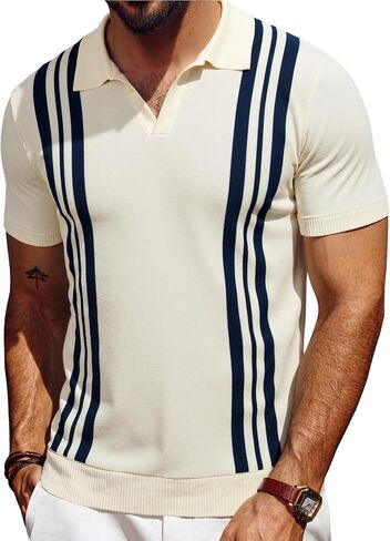 Les umes Mens Polo Shirts Vintage Stripe V-Neck Short Sleeve Knit Cotton Summer Golf Casual Shirts in Saudi Arabia