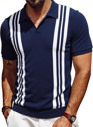 Les umes Mens Polo Shirts Vintage Stripe V-Neck Short Sleeve Knit Cotton Summer Golf Casual Shirts in Saudi Arabia