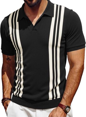 Les umes Mens Polo Shirts Vintage Stripe V-Neck Short Sleeve Knit Cotton Summer Golf Casual Shirts in Saudi Arabia