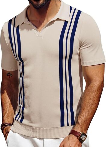 Les umes Mens Polo Shirts Vintage Stripe V-Neck Short Sleeve Knit Cotton Summer Golf Casual Shirts in Saudi Arabia
