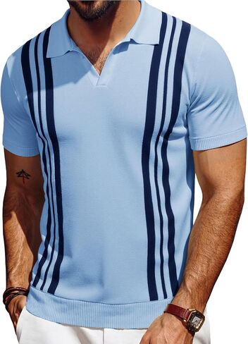 Les umes Mens Polo Shirts Vintage Stripe V-Neck Short Sleeve Knit Cotton Summer Golf Casual Shirts in Saudi Arabia