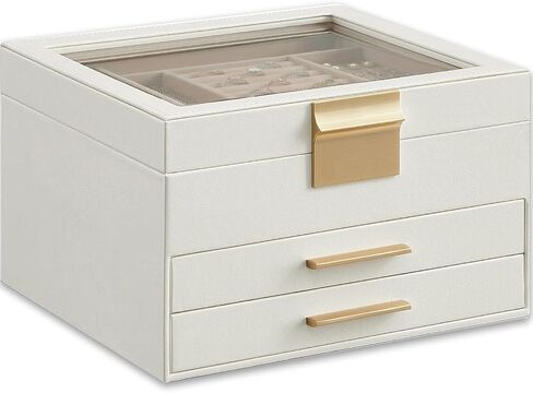 Jewelry Box Organizer with Glass Lid 3 Layer Jewelry Storage Display Box with 2 Drawers Modern Style 8 x 9.1 x 5.3 Inches, Beige White and Gold in Kuwait