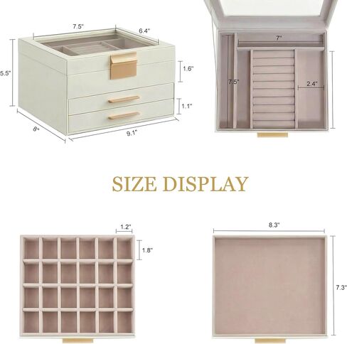 Jewelry Box Organizer with Glass Lid 3 Layer Jewelry Storage Display Box with 2 Drawers Modern Style 8 x 9.1 x 5.3 Inches, Beige White and Gold in Kuwait