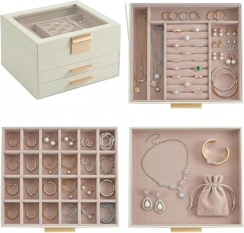 Jewelry Box Organizer with Glass Lid 3 Layer Jewelry Storage Display Box with 2 Drawers Modern Style 8 x 9.1 x 5.3 Inches, Beige White and Gold in Kuwait