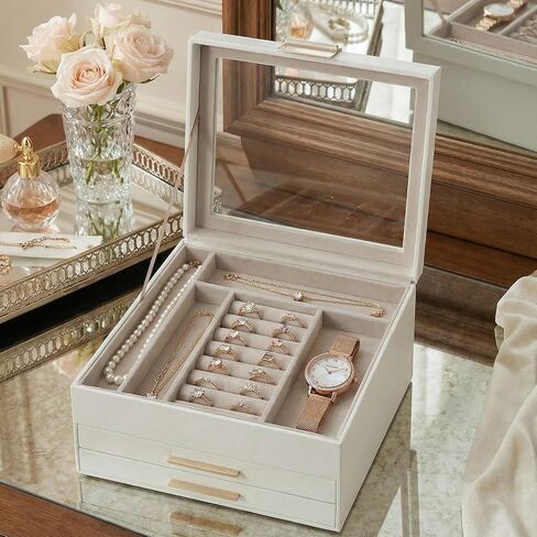 Jewelry Box Organizer with Glass Lid 3 Layer Jewelry Storage Display Box with 2 Drawers Modern Style 8 x 9.1 x 5.3 Inches, Beige White and Gold in Kuwait