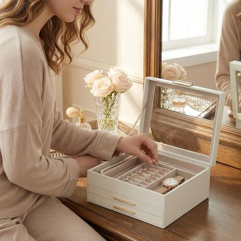 Jewelry Box Organizer with Glass Lid 3 Layer Jewelry Storage Display Box with 2 Drawers Modern Style 8 x 9.1 x 5.3 Inches, Beige White and Gold in Kuwait