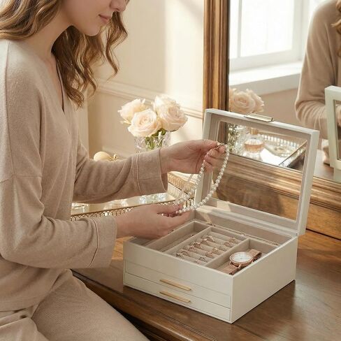Jewelry Box Organizer with Glass Lid 3 Layer Jewelry Storage Display Box with 2 Drawers Modern Style 8 x 9.1 x 5.3 Inches, Beige White and Gold in Kuwait
