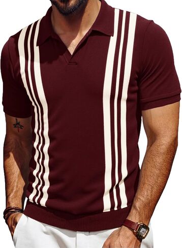 Les umes Mens Polo Shirts Vintage Stripe V-Neck Short Sleeve Knit Cotton Summer Golf Casual Shirts in Saudi Arabia