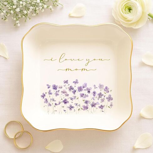 I Love You Mom Jewelry Dish – Gold Rim Ceramic Trinket Tray with Purple Flowers, Ring Holder for Mom, Sentimental Mother Gift for Mother’s Day, Birthday, Christmas in Saudi Arabia