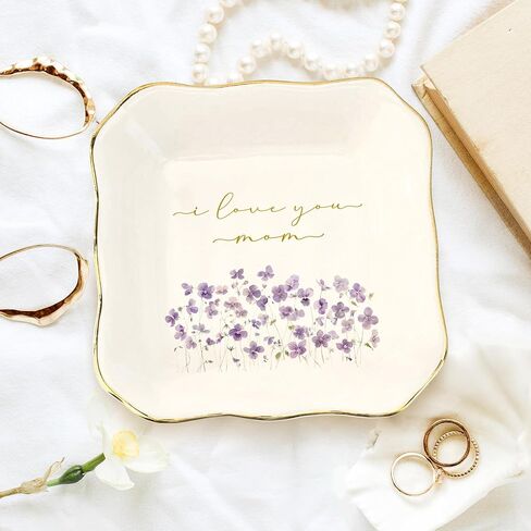 I Love You Mom Jewelry Dish – Gold Rim Ceramic Trinket Tray with Purple Flowers, Ring Holder for Mom, Sentimental Mother Gift for Mother’s Day, Birthday, Christmas in Saudi Arabia