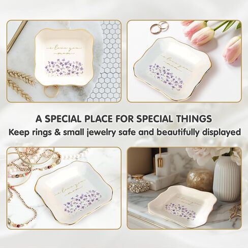 I Love You Mom Jewelry Dish – Gold Rim Ceramic Trinket Tray with Purple Flowers, Ring Holder for Mom, Sentimental Mother Gift for Mother’s Day, Birthday, Christmas in Saudi Arabia