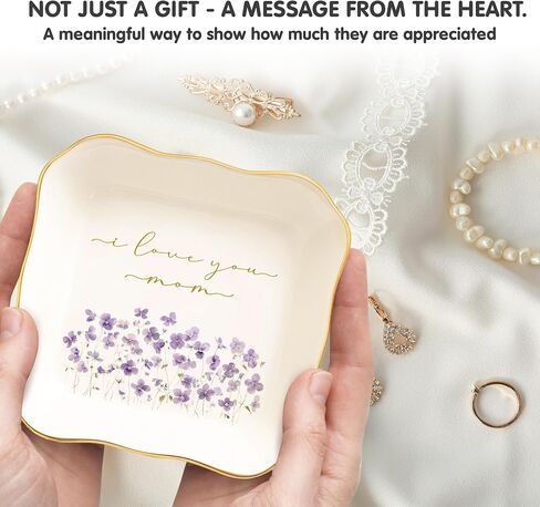 I Love You Mom Jewelry Dish – Gold Rim Ceramic Trinket Tray with Purple Flowers, Ring Holder for Mom, Sentimental Mother Gift for Mother’s Day, Birthday, Christmas in Saudi Arabia