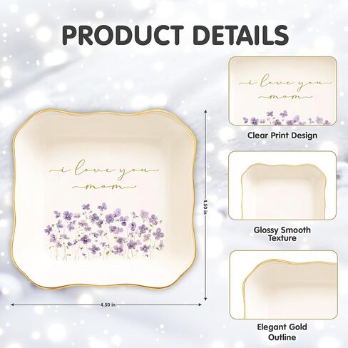 I Love You Mom Jewelry Dish – Gold Rim Ceramic Trinket Tray with Purple Flowers, Ring Holder for Mom, Sentimental Mother Gift for Mother’s Day, Birthday, Christmas in Saudi Arabia