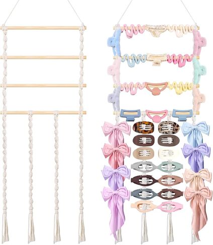 SNOWSTAR Macrame Flat Hair Claw Clip Holder Organizer,Large Capacity Hanging Hair Clip Holder and Storage for Women Girls,Flat Claw Clips Storage Hanger Home Decor for Wall,Door,Closet in Kuwait
