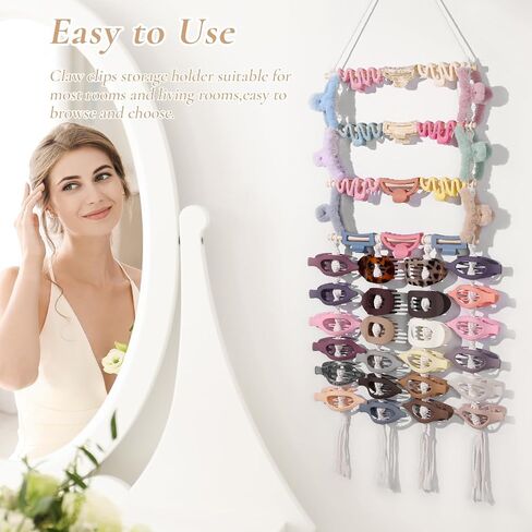 SNOWSTAR Macrame Flat Hair Claw Clip Holder Organizer,Large Capacity Hanging Hair Clip Holder and Storage for Women Girls,Flat Claw Clips Storage Hanger Home Decor for Wall,Door,Closet in Kuwait
