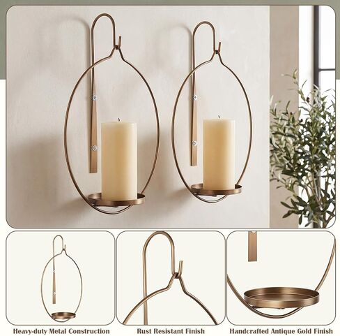 Wall Candle Sconces Set of 2 Gold Metal Wall Mounted Candle Holders Modern Farmhouse Hanging Wall Decor for Living Room Bedroom Dining Room Hallway Fireplace Decorative Pillar Candle Shelf in Saudi Arabia