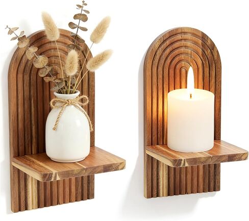 Set of 2 Farmhouse Wall Sconces - Solid Acacia Wood Wall Candle Holders Shelf, Rustic Wall Decor for Living Room, Bedroom, Bathroom, Boho Modern Home Decor in Saudi Arabia