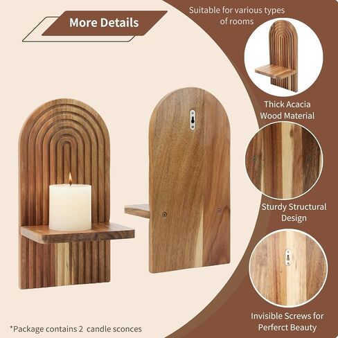 Set of 2 Farmhouse Wall Sconces - Solid Acacia Wood Wall Candle Holders Shelf, Rustic Wall Decor for Living Room, Bedroom, Bathroom, Boho Modern Home Decor in Saudi Arabia