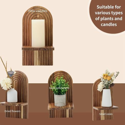Set of 2 Farmhouse Wall Sconces - Solid Acacia Wood Wall Candle Holders Shelf, Rustic Wall Decor for Living Room, Bedroom, Bathroom, Boho Modern Home Decor in Saudi Arabia