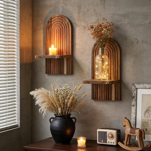 Set of 2 Farmhouse Wall Sconces - Solid Acacia Wood Wall Candle Holders Shelf, Rustic Wall Decor for Living Room, Bedroom, Bathroom, Boho Modern Home Decor in Saudi Arabia