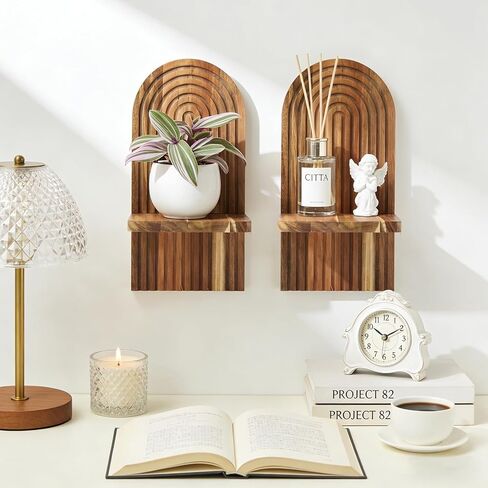 Set of 2 Farmhouse Wall Sconces - Solid Acacia Wood Wall Candle Holders Shelf, Rustic Wall Decor for Living Room, Bedroom, Bathroom, Boho Modern Home Decor in Saudi Arabia