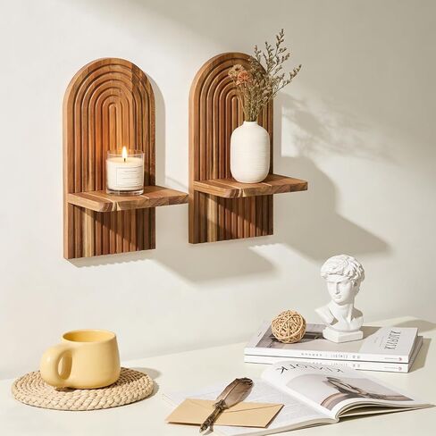 Set of 2 Farmhouse Wall Sconces - Solid Acacia Wood Wall Candle Holders Shelf, Rustic Wall Decor for Living Room, Bedroom, Bathroom, Boho Modern Home Decor in Saudi Arabia