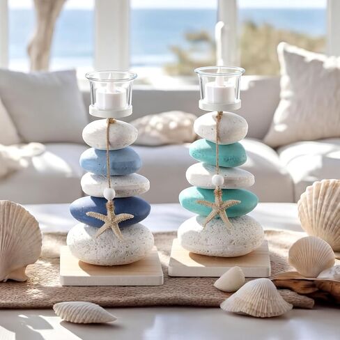 Mumufy 2 Pcs Farmhouse Coastal Candle Holder with Natural Stone Starfish, Stone Candle Holder Blue Teal Ocean Theme Drift Bottle Design Nautical Rustic Decor for Home Bathroom Table Centerpiece in Kuwait
