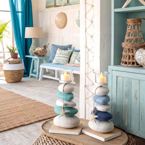 Mumufy 2 Pcs Farmhouse Coastal Candle Holder with Natural Stone Starfish, Stone Candle Holder Blue Teal Ocean Theme Drift Bottle Design Nautical Rustic Decor for Home Bathroom Table Centerpiece in Kuwait
