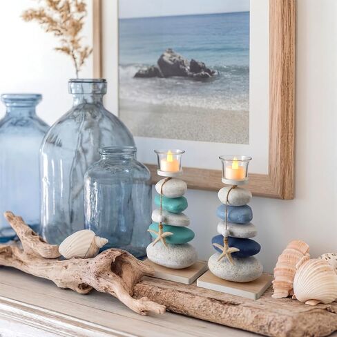 Mumufy 2 Pcs Farmhouse Coastal Candle Holder with Natural Stone Starfish, Stone Candle Holder Blue Teal Ocean Theme Drift Bottle Design Nautical Rustic Decor for Home Bathroom Table Centerpiece in Kuwait