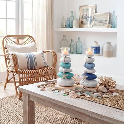 Mumufy 2 Pcs Farmhouse Coastal Candle Holder with Natural Stone Starfish, Stone Candle Holder Blue Teal Ocean Theme Drift Bottle Design Nautical Rustic Decor for Home Bathroom Table Centerpiece in Kuwait