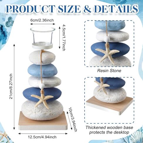 Mumufy 2 Pcs Farmhouse Coastal Candle Holder with Natural Stone Starfish, Stone Candle Holder Blue Teal Ocean Theme Drift Bottle Design Nautical Rustic Decor for Home Bathroom Table Centerpiece in Kuwait