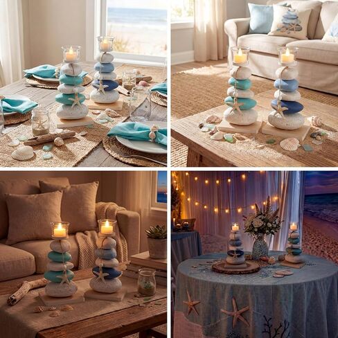 Mumufy 2 Pcs Farmhouse Coastal Candle Holder with Natural Stone Starfish, Stone Candle Holder Blue Teal Ocean Theme Drift Bottle Design Nautical Rustic Decor for Home Bathroom Table Centerpiece in Kuwait