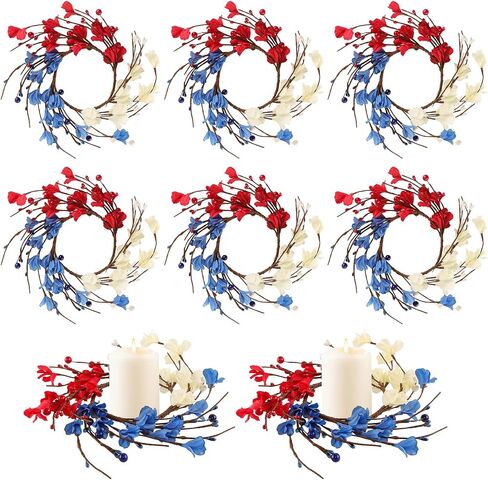 YBB 6 Pcs Patriotic 4th of July Candle Rings Wreath, Red White and Blue Candle Holders American Independence Day Mini Wreaths for Table Window Kitchen Cabinet in Saudi Arabia