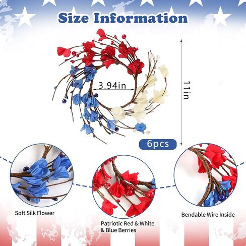 YBB 6 Pcs Patriotic 4th of July Candle Rings Wreath, Red White and Blue Candle Holders American Independence Day Mini Wreaths for Table Window Kitchen Cabinet in Saudi Arabia