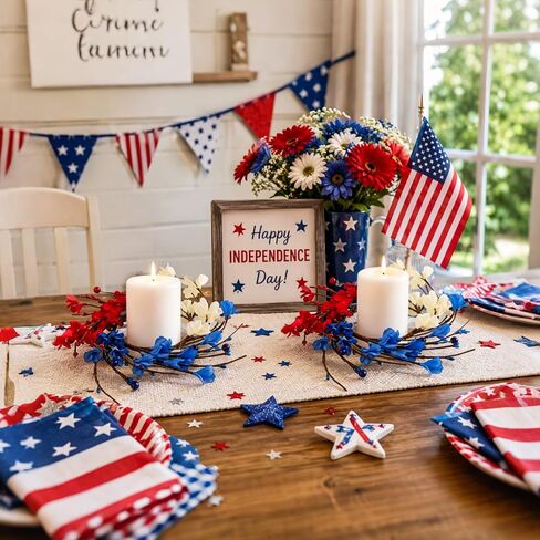 YBB 6 Pcs Patriotic 4th of July Candle Rings Wreath, Red White and Blue Candle Holders American Independence Day Mini Wreaths for Table Window Kitchen Cabinet in Saudi Arabia