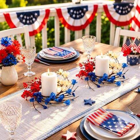 YBB 6 Pcs Patriotic 4th of July Candle Rings Wreath, Red White and Blue Candle Holders American Independence Day Mini Wreaths for Table Window Kitchen Cabinet in Saudi Arabia