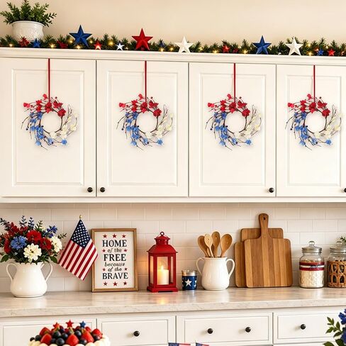 YBB 6 Pcs Patriotic 4th of July Candle Rings Wreath, Red White and Blue Candle Holders American Independence Day Mini Wreaths for Table Window Kitchen Cabinet in Saudi Arabia
