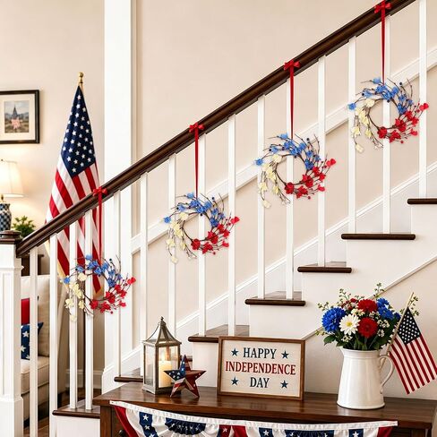 YBB 6 Pcs Patriotic 4th of July Candle Rings Wreath, Red White and Blue Candle Holders American Independence Day Mini Wreaths for Table Window Kitchen Cabinet in Saudi Arabia