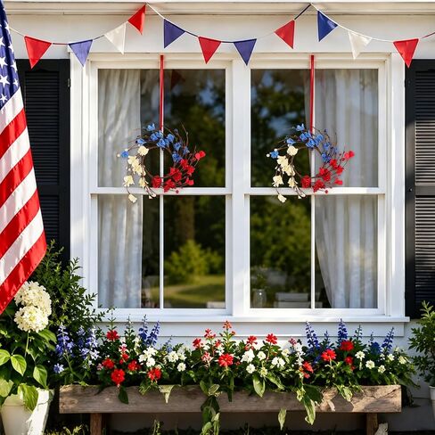 YBB 6 Pcs Patriotic 4th of July Candle Rings Wreath, Red White and Blue Candle Holders American Independence Day Mini Wreaths for Table Window Kitchen Cabinet in Saudi Arabia